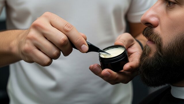 Barber applying beard balm to client's beard with tweezers