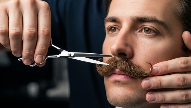 Barber trimming mustache with scissors, close-up shot, male grooming, stylish facial hair