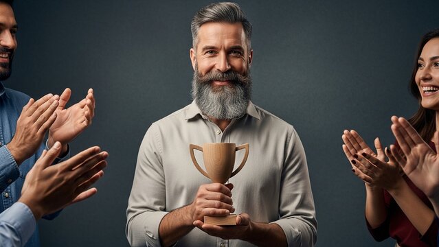 Mature Man with Trophy Receives Applause from Colleagues - Success Celebration