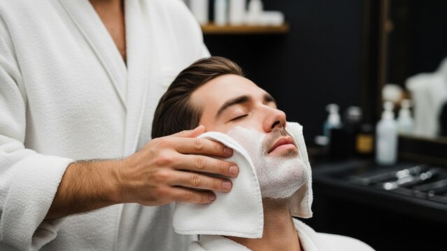 Barber applying hot towel to man's face with shaving foam