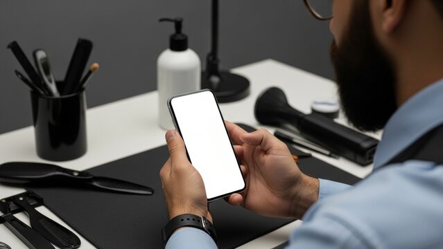 Barber holding smartphone with blank screen, modern grooming tools on desk