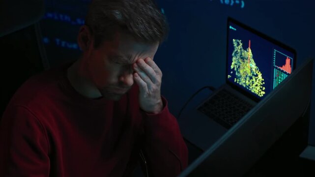 Stressed overworked programmer suffering from burnout and mental fatigue rubs his eyes, weary from long hours of work in front of the computer screens filled with code and digital data analysis. 