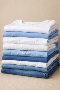 A neatly stacked pile of folded blue jeans and white t-shirts, likely in a laundry area. These garments are ready for wear or storage.