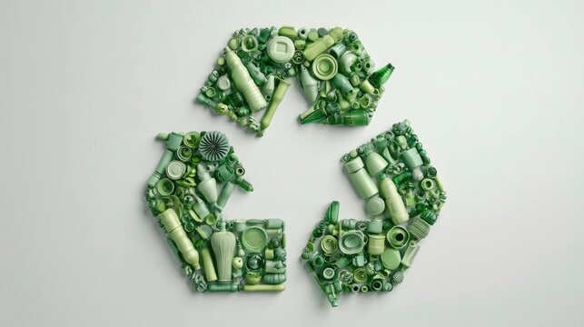 Green Plastic Waste Recycling Symbol Created with Various Plastic Items