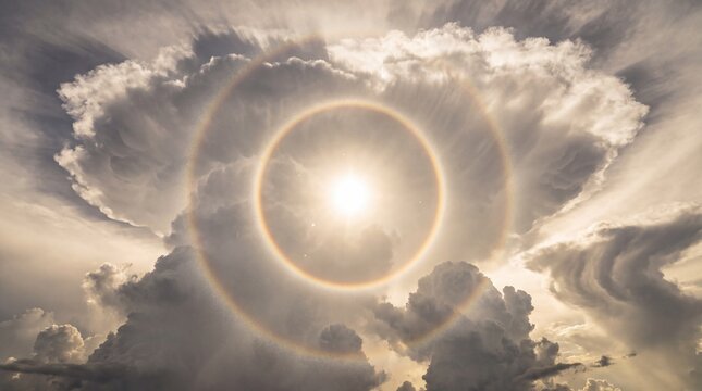 Sunlight forms a bright circular halo within the clouds during an atmospheric optical phenomenon.