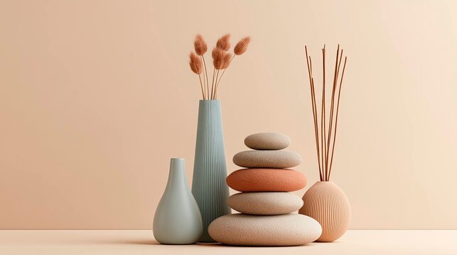 Minimalist Still Life with Decorative Vases and Smooth Stones Against Neutral Background
