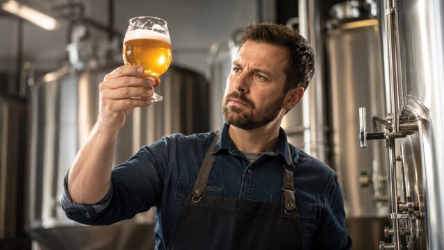Craft Beer Brewer Examining A Glass Of Golden Ale In A Brewery, Capturing The Essence Of Artisanal Brewing Process And Quality Control In Beer Production