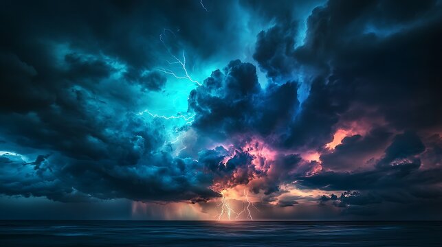Dramatic fantasy sky and ocean storm seashore, dark nimbus clouds with lightning and flare, magical blue and purple nature scenery, cinematic twilight background