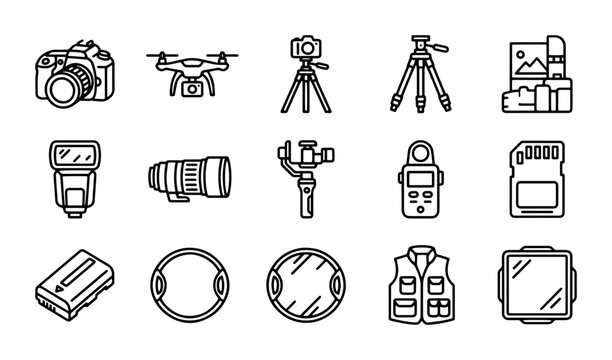 Photography Equipment Icons Set, Camera Gear Vector Graphics, Professional Studio Tools Collection