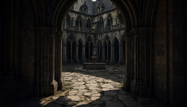 Ancient Gothic monastery courtyard with stone arches and medieval cloister architecture.