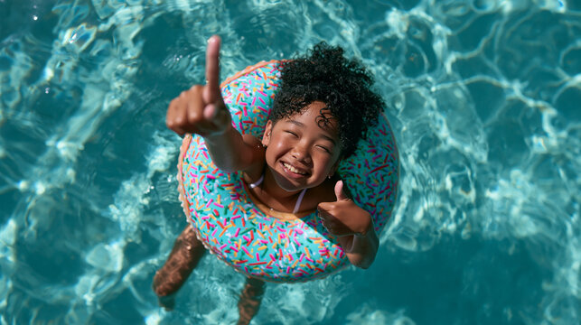 Happy Little Girl Floating in Swimming Pool on Inflatable Ring
