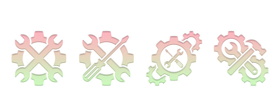 Set of four gradient colored gear and tool icons, including wrench, screwdriver, and hammer, isolated on transparent background