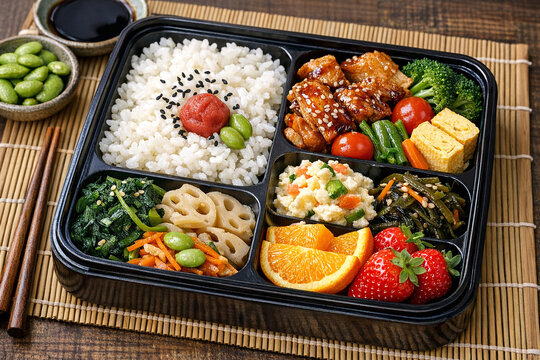 Variety of Japanese dishes in a bento box with rice and vegetables. Includes sushi, nori rolls, mixed veggies, rice and sauces.