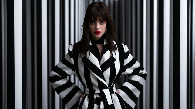 Fashion Model in Black and White Striped Coat