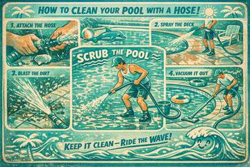 Fototapeta premium Vintage poster showing various methods of cleaning a swimming pool with the aid of a mop and bucket.