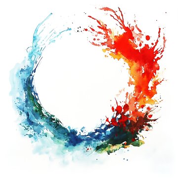 Watercolor circle frame with red and blue paint splashes, artistic round border, colorful ink splatter wreath on white background