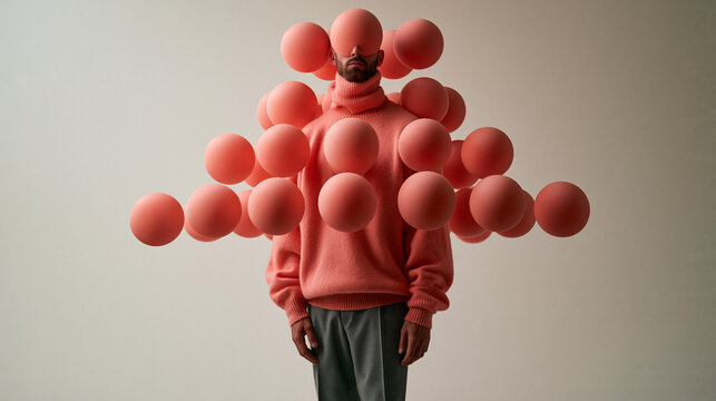 Surreal Conceptual Portrait of Man Surrounded by Floating Pink Spheres