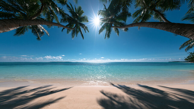 Tropical Beach with Palm Trees Framing Turquoise Ocean