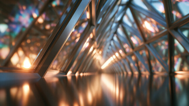 Modern Futuristic Architectural Glass Tunnel with Geometric Metal Structure