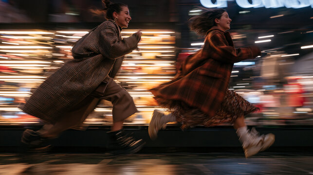 Two Young Women Running Happily on City Street at Night