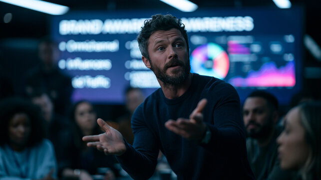 Businessman Presenting Marketing Strategy in Modern Office Workshop