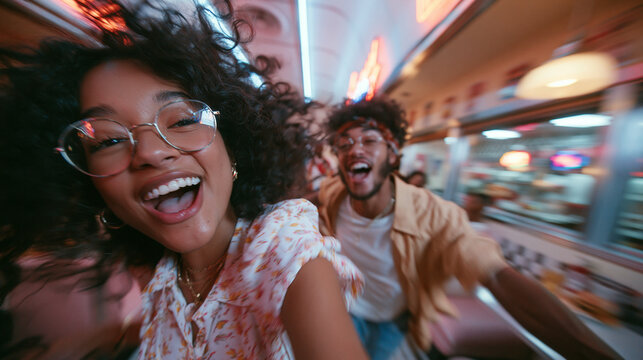 Excited Young Couple Taking Dynamic Motion Blur Selfie in Diner
