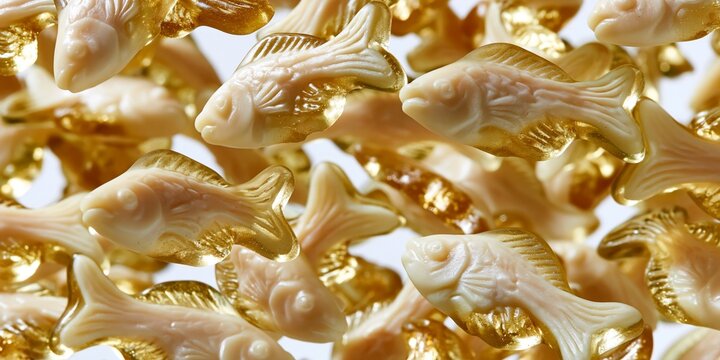 Golden translucent fish shaped candies densely arranged on white background with glossy texture and bright shiny highlights.