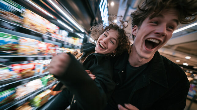 Excited Young Couple Having Fun in Supermarket Aisle