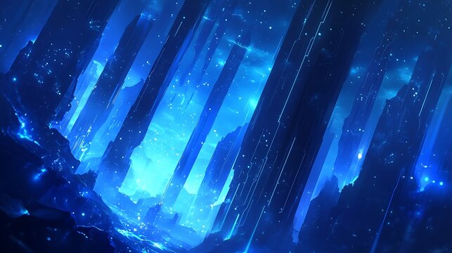 Ethereal blue crystal cave with glowing pillars. Mystical underground cavern landscape. Magic ice grotto background for fantasy gaming.