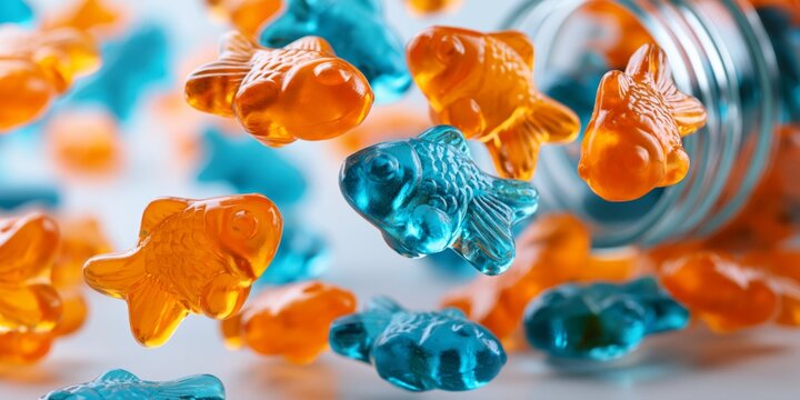 Vibrant orange and blue gummy fish candies floating in mid-air, spilling from a glass jar on a white surface.