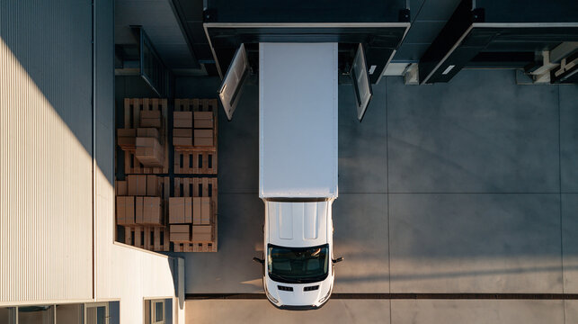 Aerial Top Down View of Cargo Van at Warehouse Loading Dock