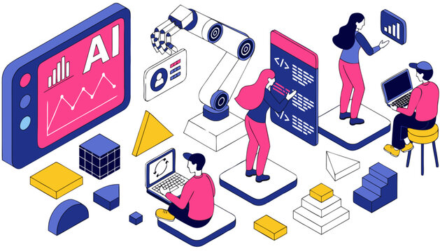 Isometric AI technology development concept, robotic arm and software engineering team, artificial intelligence automation vector
