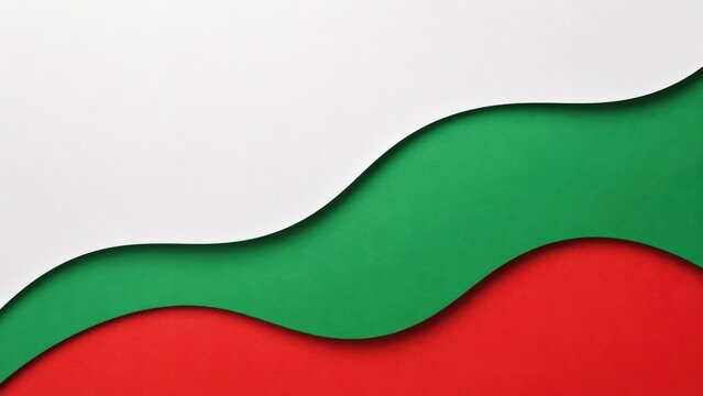 A Vibrant Abstract Design Featuring Wavy Layers of Green, Red, and White Paper, Evoking a Sense of Dynamic Movement and Modern Aesthetic Appeal