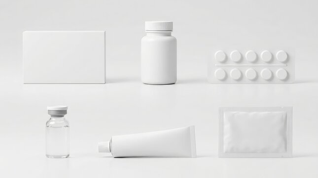 A collection of blank white cosmetic and pharmaceutical packaging mockups including pill bottles blister packs tubes and boxes on white background