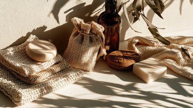 Cozy Spa Setting with Towels, Aromatic Oil, Soap, and Natural Accessories