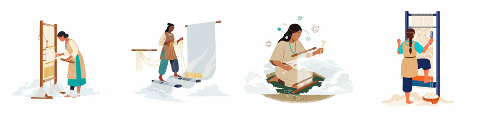 Naklejka premium Set of Illustrations of Women Engaged in Traditional Weaving and Textile Production on Manual Looms, Artisanal Craftswomen Working with Yarn and Fabric in Minimalist Vector Style