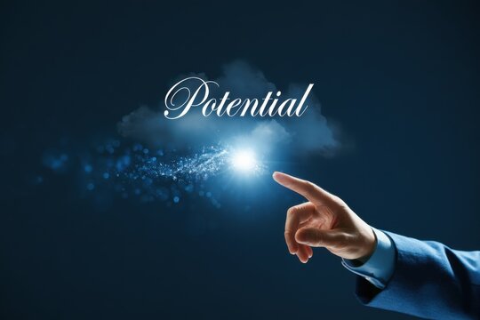 Finger pointing at glowing Potential text with cloud and sparkles, personal growth and business opportunity concept