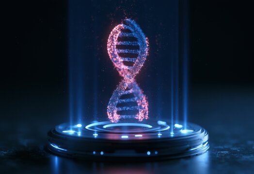 Futuristic holographic projector displaying glowing DNA helix made of particles, genetic science and biotech research concept