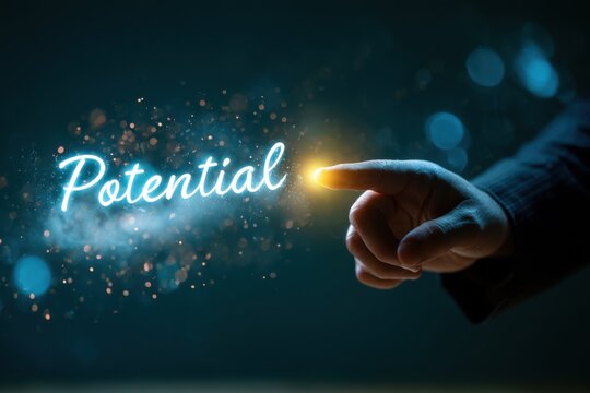Finger touching glowing Potential neon text with golden sparkles on dark background, self development concept
