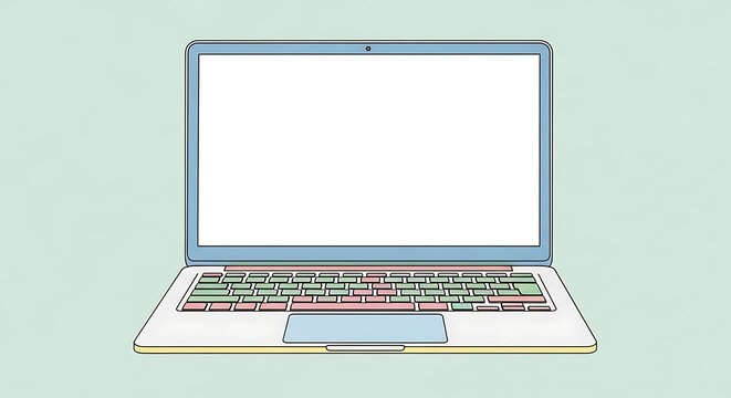 Minimalist digital laptop illustration featuring blank white screen against soft pastel green