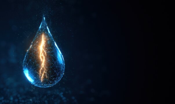 Blue wireframe water drop containing golden lightning bolt energy, hydroelectric power and clean renewable energy concept