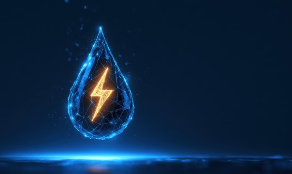 Glowing blue wireframe water drop with golden lightning icon above water surface, hydropower and clean energy concept