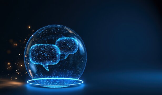 Glass sphere with two glowing blue wireframe speech bubbles, digital communication and chat technology concept