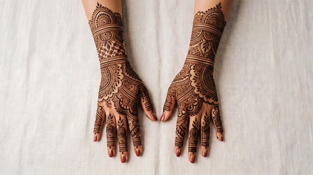 Arabian Henna Tattoo Design Concept, Decorative Mehendi Art on Female Hands, Brown Intricate Patterns on White Background Top View