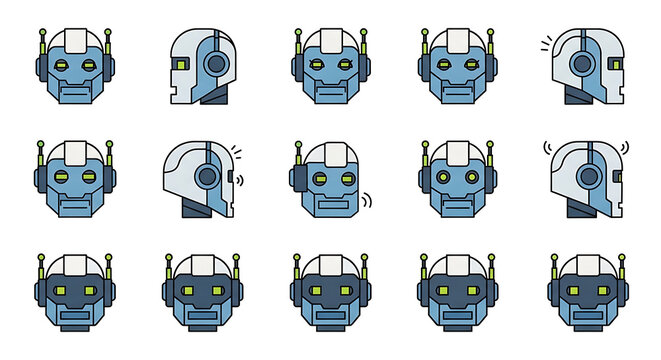 Set of diverse blue robot head icons displaying various angles and expressions for digital interface