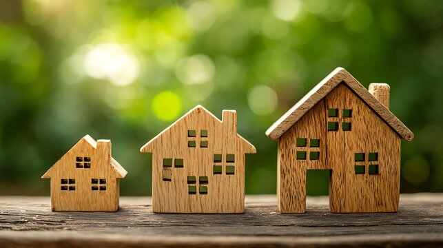 Wooden house models in ascending sizes representing property investment, real estate growth, and mortgage progression on a rustic wooden surface with soft green bokeh