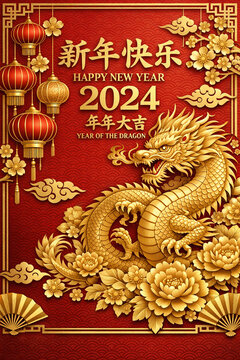Red card with gold dragon and flowers, celebrating Chinese New Year 2024. Traditional red envelope.
