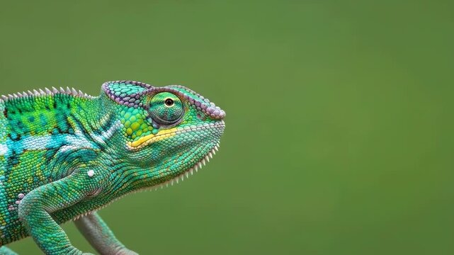 A vibrant green panther chameleon captured against a soft blurred background