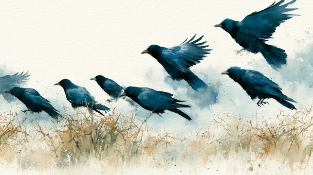 Blue Crows Taking Flight Over Barren Branches