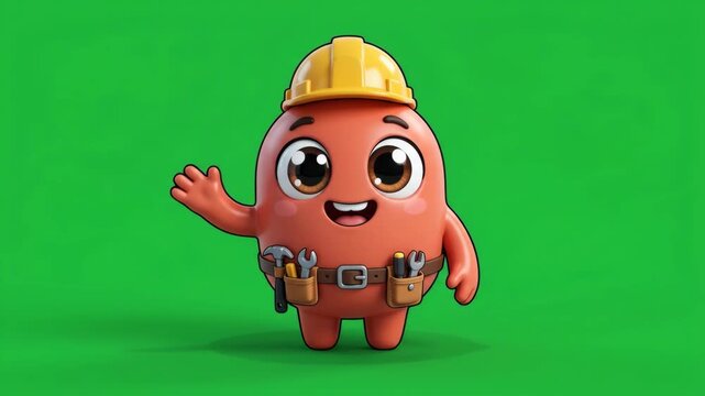 Cute cartoon character wearing a construction hard hat and tool belt, waving hello on a green screen background.